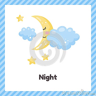 Half moon and cloud. Cute weather night for kids. Flash card for learning with children in preschool, kindergarten and Vector Illustration