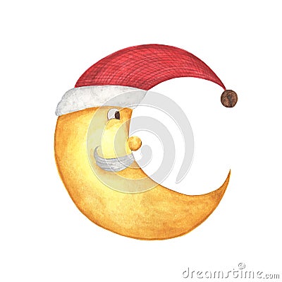 Half moon in a red santa hat. Cartoon Illustration