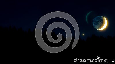 The half moon in the star sky with silhouetted trees. Stock Photo