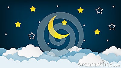 Half moon, stars and clouds on the dark night sky background. Paper art. Night scene background. Vector . Vector Illustration