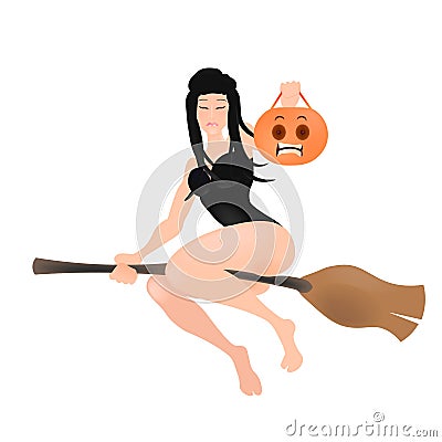 Half-naked witch flying on the broom, Vector Illustration