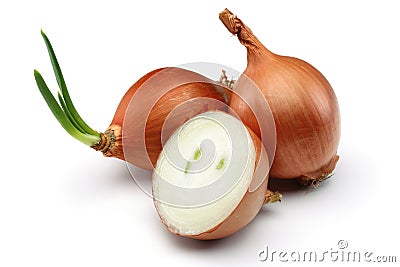 Half and whole onions isolated Stock Photo