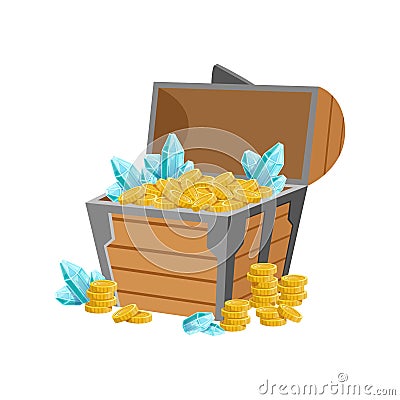 Half Open Pirate Chest WIth Golden Coins And Blue Crystal Gems, Hidden Treasure And Riches For Reward In Flash Came Vector Illustration