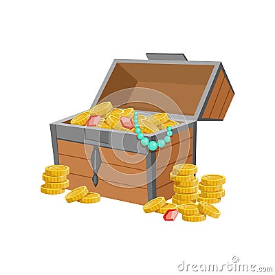 Half Open Pirate Chest With Golden Coins And Jewelry, Hidden Treasure And Riches For Reward In Flash Came Design Vector Illustration