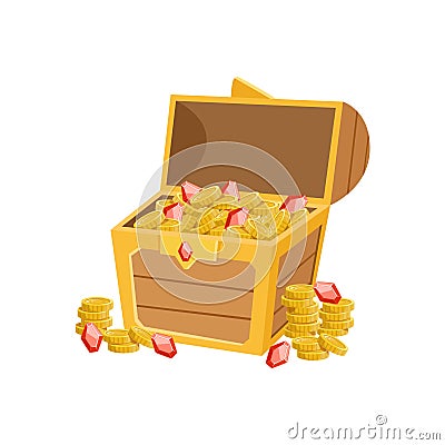 Half Open Pirate Chest With Golden Coins And Rubies, Hidden Treasure And Riches For Reward In Flash Came Design Vector Illustration