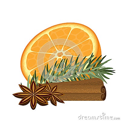 Half an orange, cinnamon sticks, anis illustration and a pine branch Vector Illustration