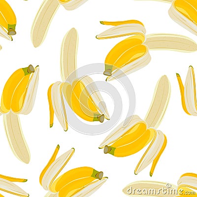 Half peeled banana seamless pattern on white background. Tropical fruit Vector Illustration