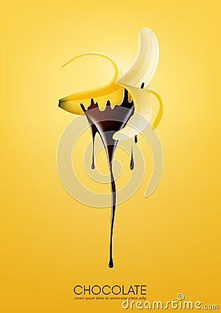 Half peeled ripe banana dipped in melting dark chocolate, fruit, fondue recipe concept, transparent, Vector illustration Vector Illustration