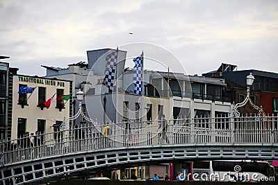 Half Penny bridge in Dublin, Temple Bar block Editorial Stock Photo