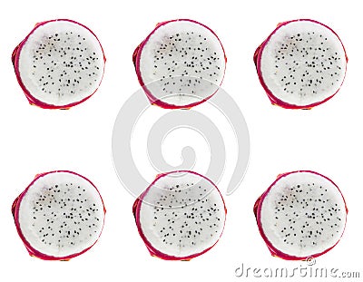 Half pitahaya with white flesh and black seeds pattern tropical fruit set Stock Photo