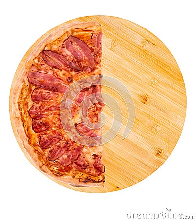 Half of pizza bacon, on bamboo bottom, isolate on white Stock Photo