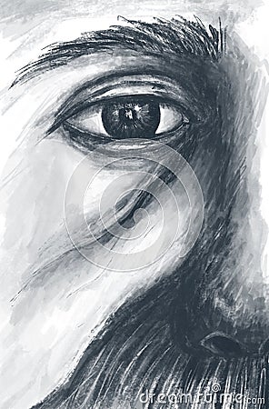 Half portrait of bearded old man. Black and white charcoal digital painting, illustration Cartoon Illustration