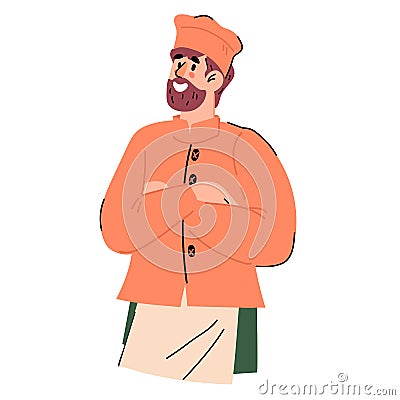 Half-portrait of confident bearded restaurant chief cook, cartoon flat vector isolated Vector Illustration