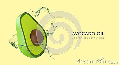 Half of ripe avocado, splash of clear liquid. Vegetarian natural product Vector Illustration