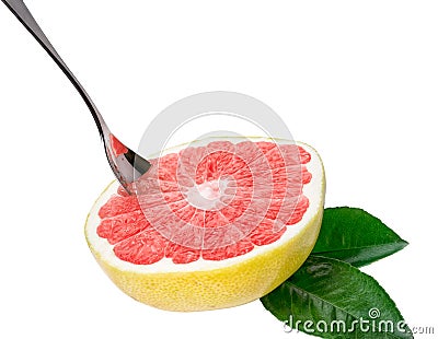 Half ripe organic grapefruit with spoon isolated. Stock Photo