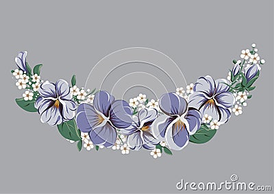 Half-round floral frame wreath with viola flowers Vector Illustration