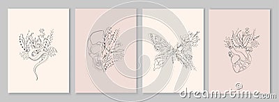 Half shape butterfly and skull, heart and snake with branch and flowers for tattoo t-shirt print or wall art. Hand drawn Vector Illustration