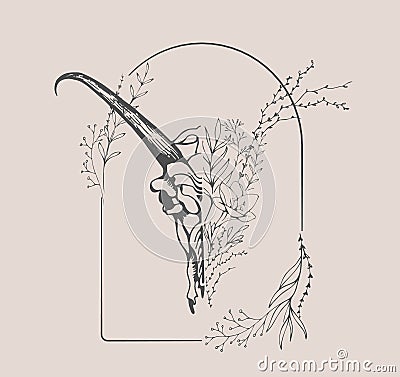Half shape skull with branch and flowers for tattoo t-shirt print or wall art. Hand drawn wedding herb. Botanical rustic Vector Illustration