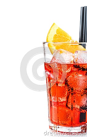 Half spritz aperitif aperol cocktail glass with orange slices and ice cubes isolated on white Stock Photo