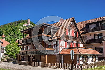 Half-timbered ensemble with the historic castle Liebenzell Stock Photo