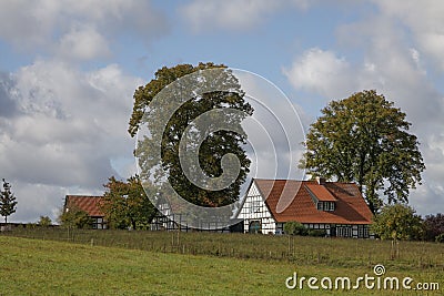 Half-timbered house in autumn, Georgsmarienhuette, Osnabrueck country, Lower Saxony, Germany Stock Photo