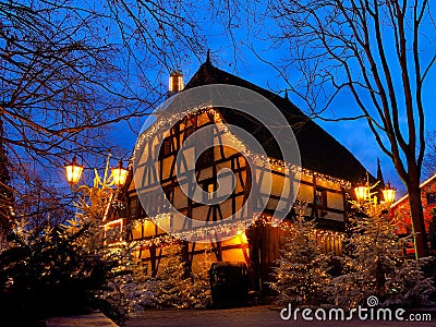 Half-timbered house Christmas magic by night Editorial Stock Photo