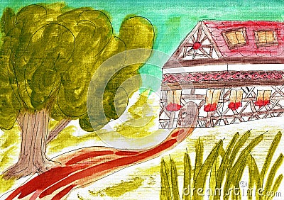 Half-Timbered House in the Green. Hand-Painted Watercolor Painting Vector Illustration