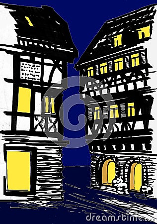 Half-timbered houses in the night Cartoon Illustration