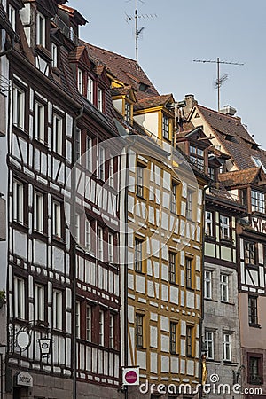 Half-timbered houses in one of the picturesque streets in the historical center of Nuremberg, Bavaria - Germany Editorial Stock Photo