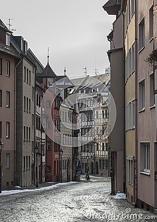 Half-timbered houses in one of the picturesque streets in the historical center of Nuremberg, Bavaria - Germany Stock Photo