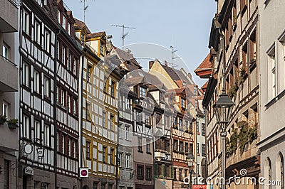 Half-timbered houses in one of the picturesque streets in the historical center of Nuremberg, Bavaria - Germany Editorial Stock Photo