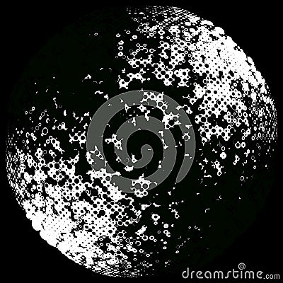 Half-tone dots. Dotted, circles pattern. Sphere, orb or globe distortion speckles. Diffuse radial, radiating bulge, bloat warp. Vector Illustration