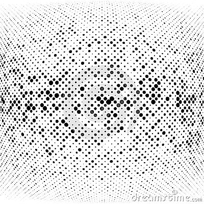 Half-tone dots. Dotted, circles pattern. Sphere, orb or globe distortion speckles. Diffuse radial, radiating bulge, bloat warp. Vector Illustration