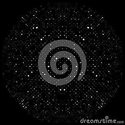 Half-tone dots. Dotted, circles pattern. Sphere, orb or globe distortion speckles. Diffuse radial, radiating bulge, bloat warp. Vector Illustration