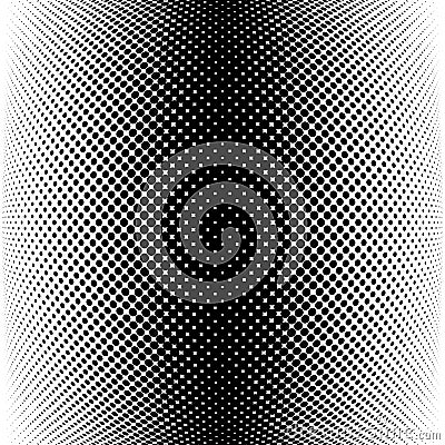 Half-tone dots. Dotted, circles pattern. Sphere, orb or globe distortion speckles. Diffuse radial, radiating bulge, bloat warp. Vector Illustration