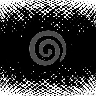Half-tone dots. Dotted, circles pattern. Sphere, orb or globe distortion speckles. Diffuse radial, radiating bulge, bloat warp. Vector Illustration