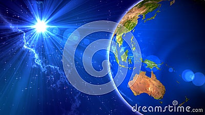 Half View Earth Planet On Bright Blue Sunshine Starry Sky Outer Space With Nebula Cloud Background 3d Illustration Stock Photo