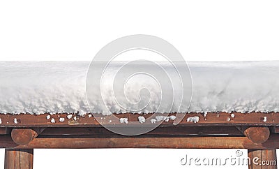 Half view of wooden table covered with snow and isolated on white Stock Photo