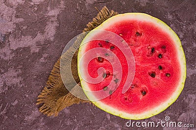 Half Watermelon Napkin Gray Background Top View Copy Space Stock Photo