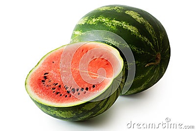 Half watermelon with seeds next to whole watermelon isolated on Stock Photo