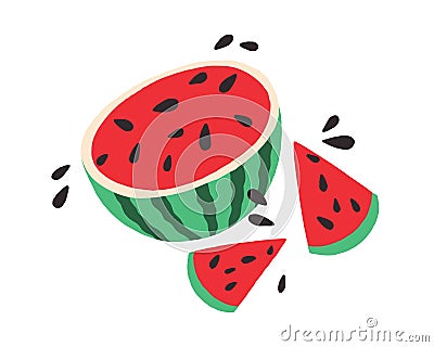 Half of watermelon with slices and seeds. Bright juicy summer fruit. Colored flat vector illustration isolated on white Vector Illustration