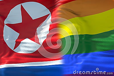 Half waving colorful of gay pride rainbow flag and half north ko Stock Photo