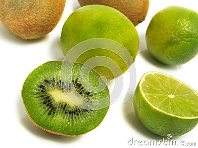 Half and whole kiwis and limes Stock Photo