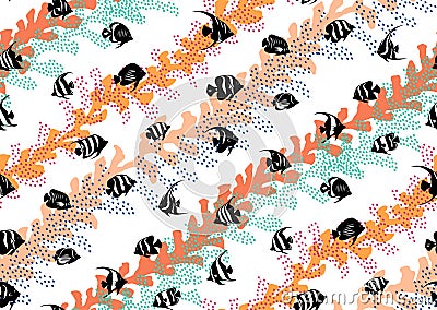halfdrop pattern with interwined seaweed abstract floral design elements. Trendy peach fuzz, apricot crush, pink yarrow Stock Photo