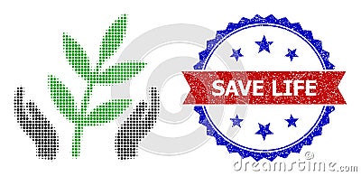 Halftone Agriculture Care Hands Icon and Distress Bicolor Save Life Stamp Seal Vector Illustration