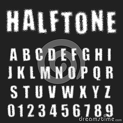 Halftone alphabet font template. Letters and numbers distressed design Vector Illustration