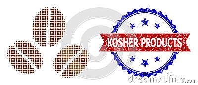 Halftone Cacao Beans Icon and Textured Bicolor Kosher Products Stamp Vector Illustration