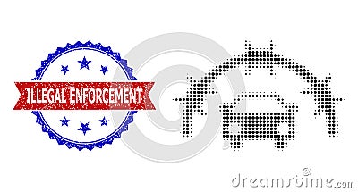 Halftone Car Jail Icon and Scratched Bicolor Illegal Enforcement Stamp Vector Illustration