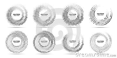 Halftone circle dotted frame circularly distributed. Logo emblem design element. Half tone circular background pattern. Vector Illustration