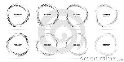 Halftone circle dotted frame circularly distributed set. Circle dots logo emblem halftone dots pattern. Vector. Vector Illustration